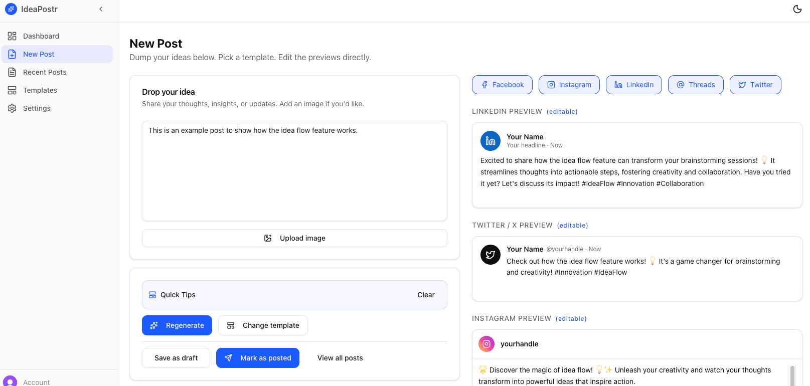 IdeaPostr editor interface